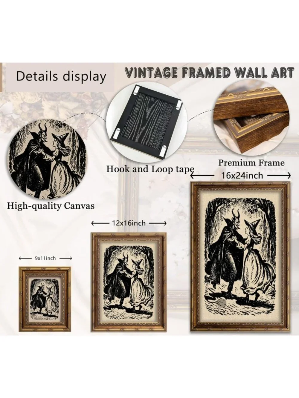 Gothic Vintage Gold Framed Witch Wall Art - Dark Academia Canvas Print Decor